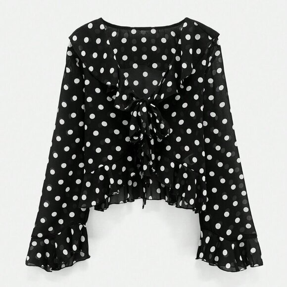 Black Women's Polka Dot Print Design Front Bow Tie Ruffle details blouse - Picture 7 of 11